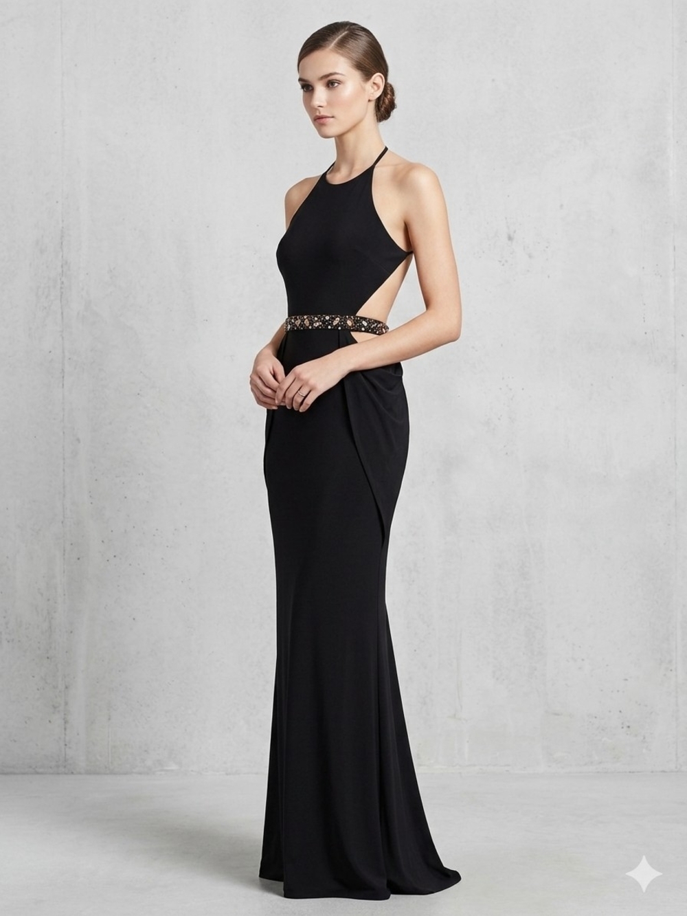 Morgan & Co. Black Halter Maxi Prom Dress with Embellished Waist